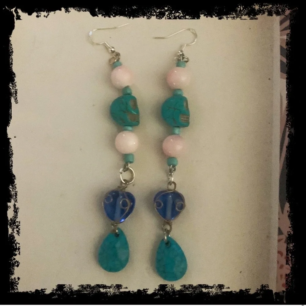 Handmade New S925 Sterling Silver Turquoise Rhodonite Skull Candy Drop Earrings